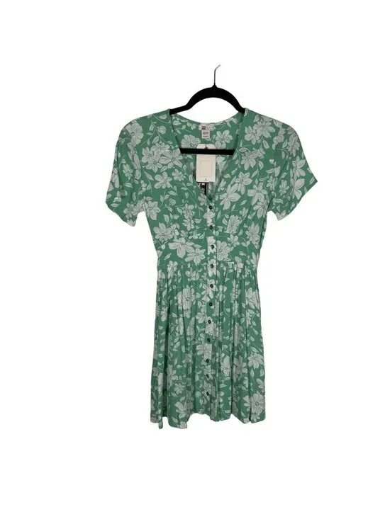 Billabong Women XS Green White Floral Twirl Around Short Mini Dress NWT - Picture 4 of 15